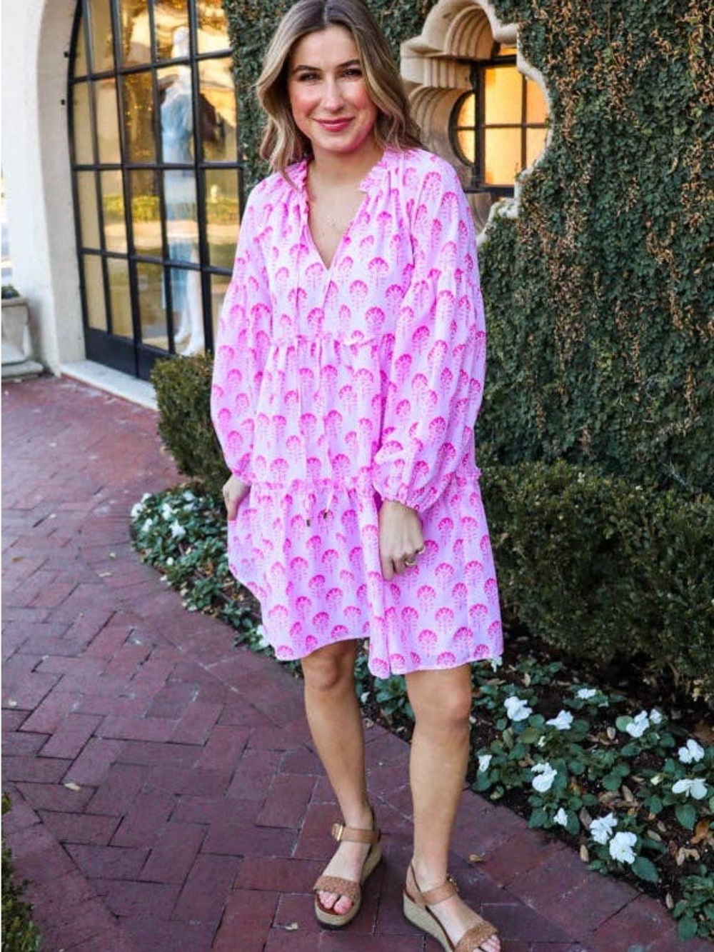 Pink Printed Long-Sleeve Mini Dress